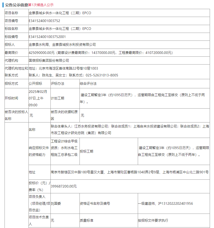 近4亿元!中国水务投资集团子公司预中标金寨县城乡供水一体化工程(二期)EPCO(图1)